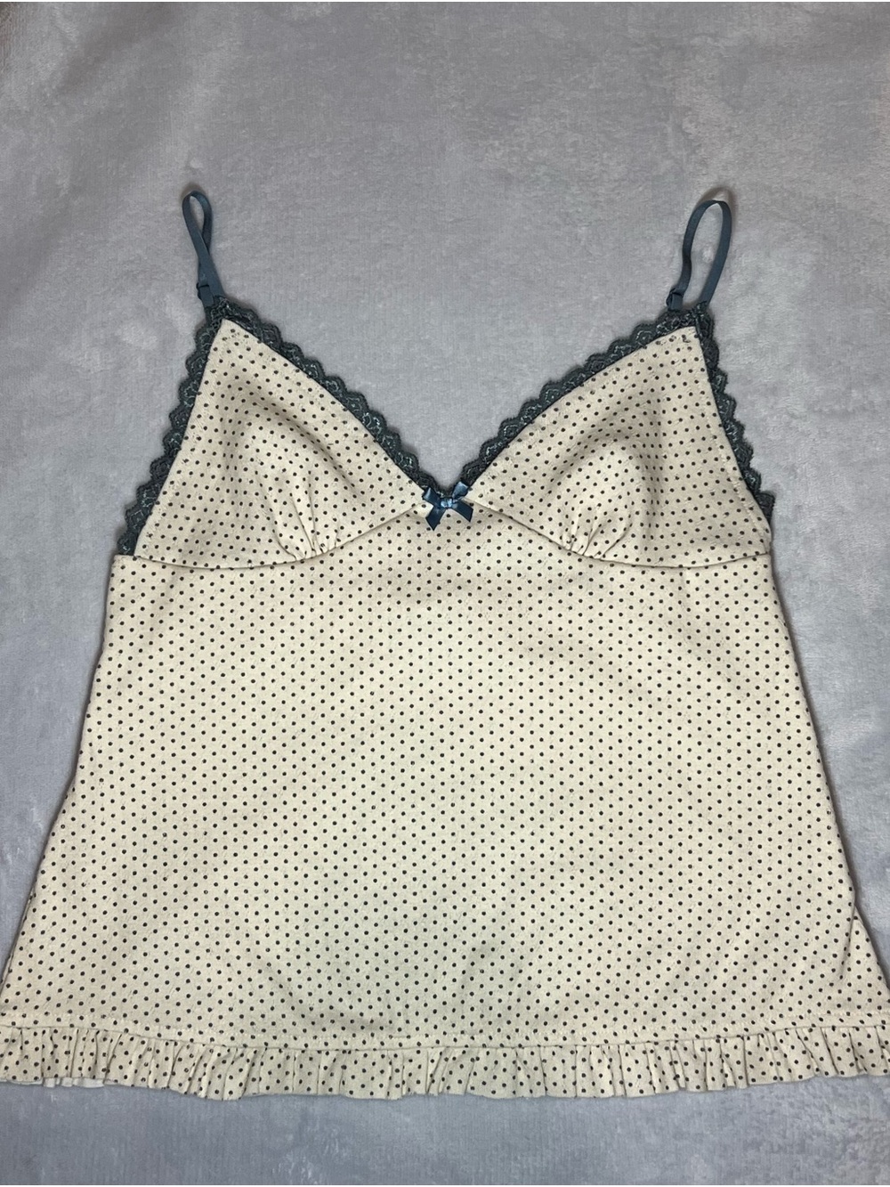 Women's White Polka Dot Camisole Blue Lace Trim Bow Adjustable Straps